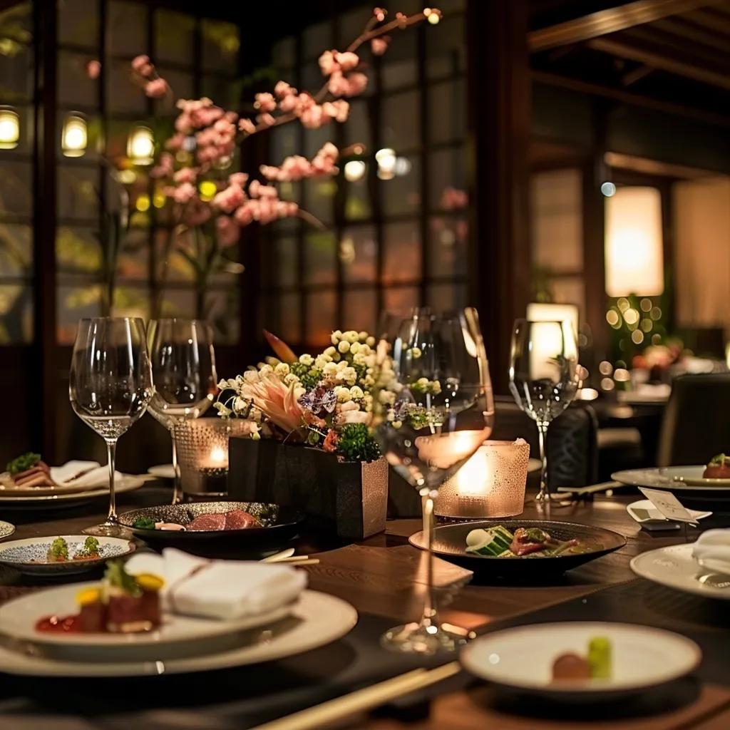 Luxurious table setting for gourmet Japanese fine dining featuring A5 Wagyu and caviar