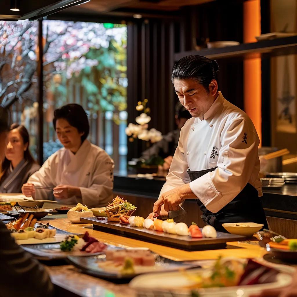 Chef sharing an omakase sequence with guests, emphasizing interaction and presentation