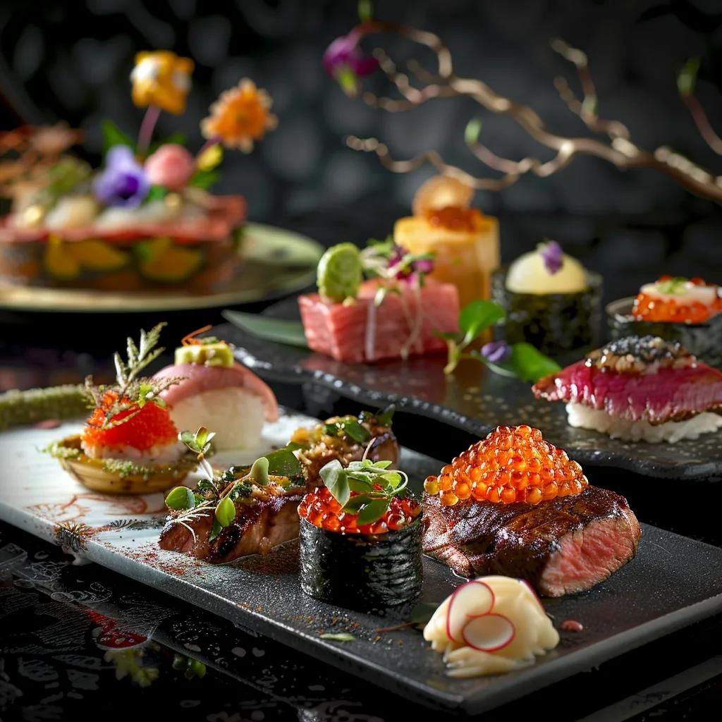 Thoughtful presentation of signature dishes such as A5 Wagyu and caviar on a minimalist plate