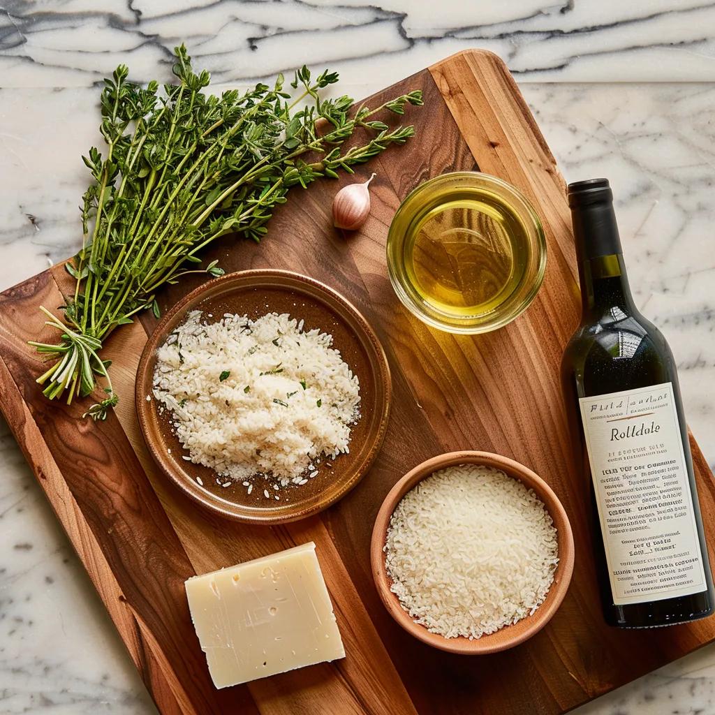 High‑quality risotto ingredients: rice, dry white wine, fresh herbs, and Parmigiano on a wooden board