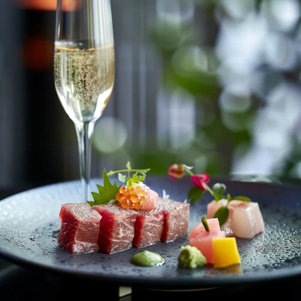 Sashimi and seared A5 Wagyu paired with champagne in a minimalist Kaviar dining vignette