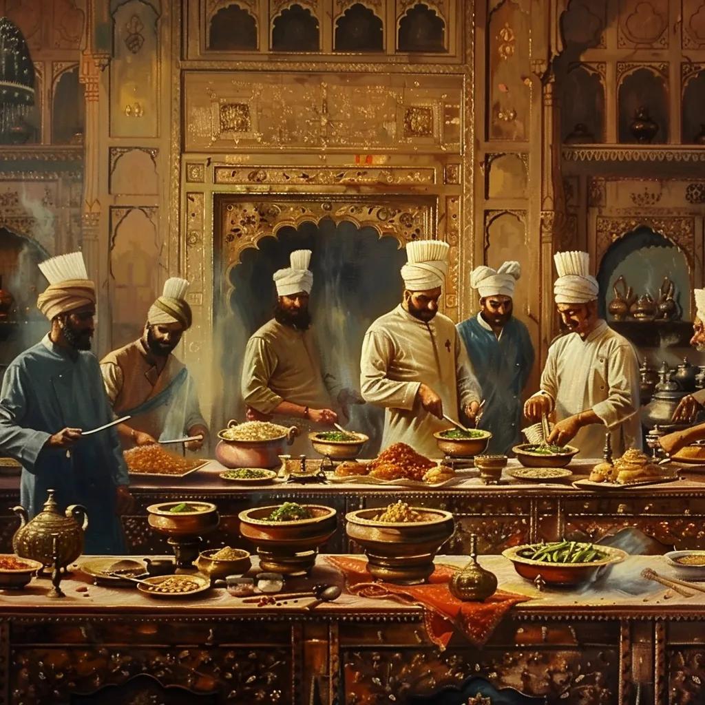 Historic palace kitchen with chefs preparing elaborately spiced Mughal dishes