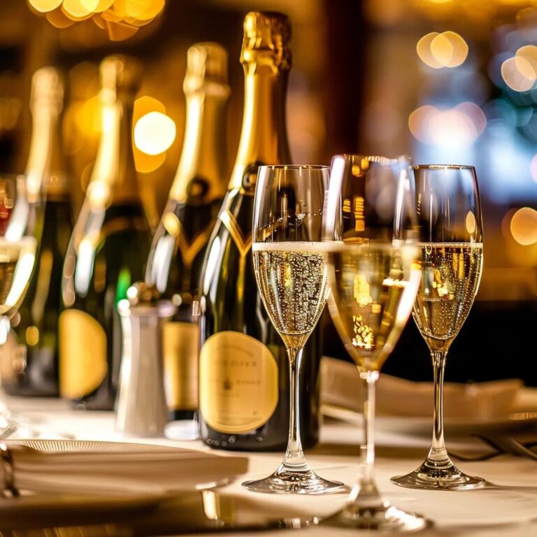Luxurious table setting with champagne and sparkling wines in an elegant dining atmosphere