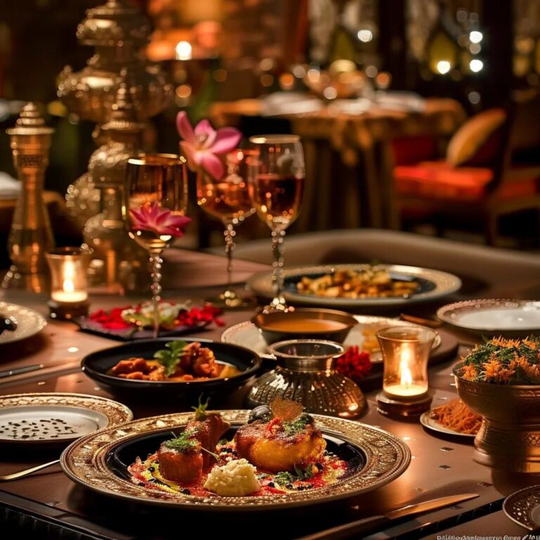 Elegant Indian fine dining table with multi-course meal showcasing vibrant colors and intricate plating
