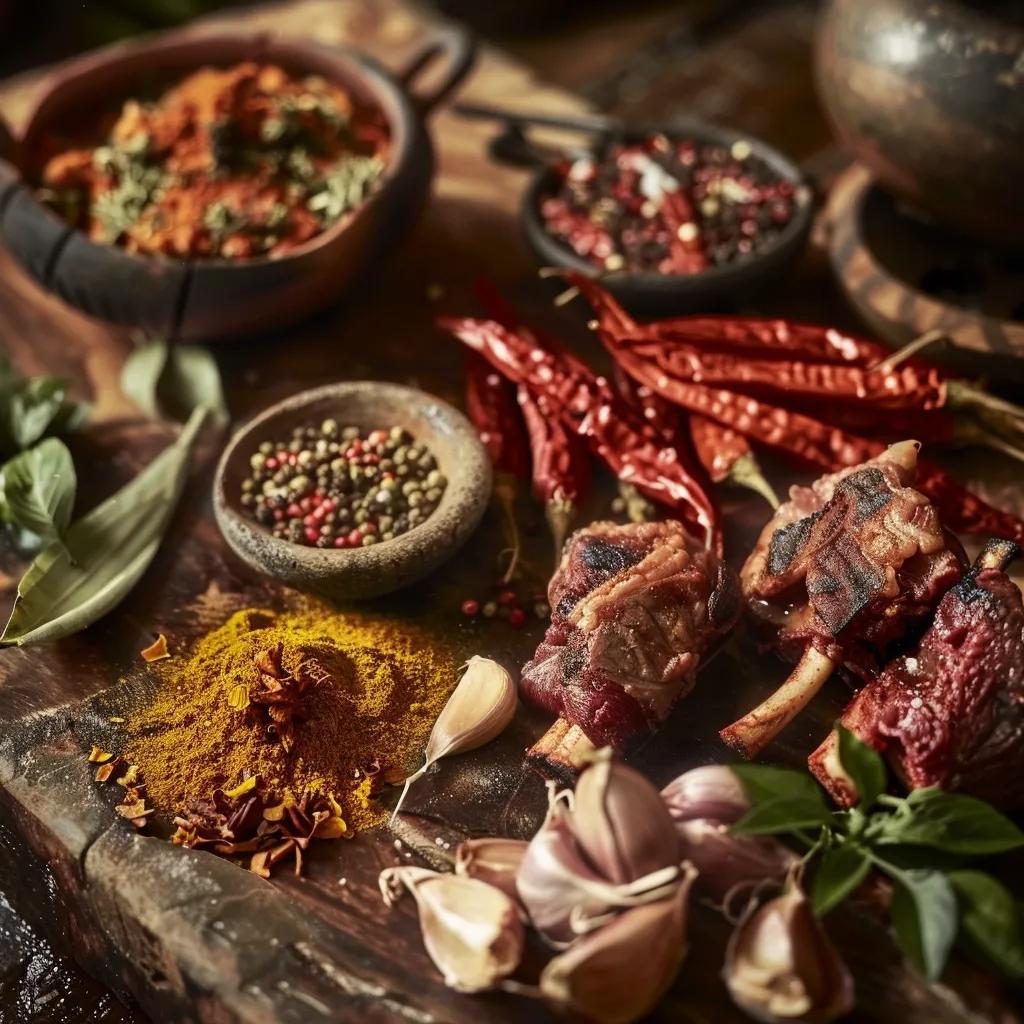 An arrangement of premium Indian ingredients&mdash;saffron, heritage lamb, and fresh coastal fish&mdash;styled on a rustic surface