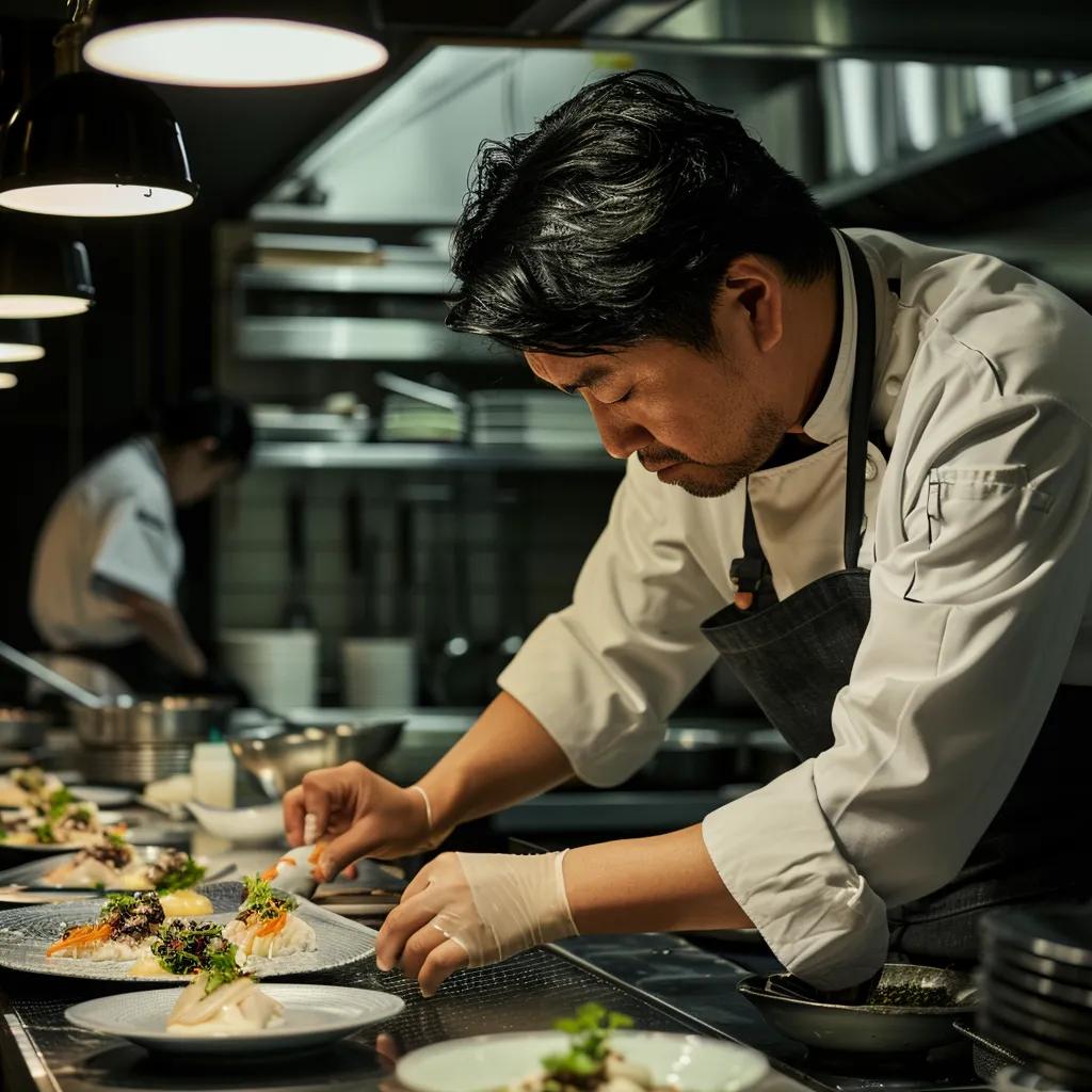 Chef John Hans Yeo arranging a course at the omakase counter, reflecting culinary intent and seasonal ingredients