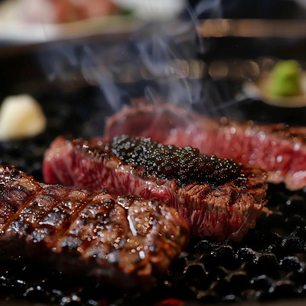 Close-up detail of seared A5 Wagyu with a spoon of Kaluga caviar&mdash;showcasing texture and presentation