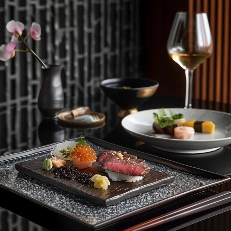 Luxurious omakase dining experience featuring A5 Wagyu and Kaluga caviar in an elegant setting
