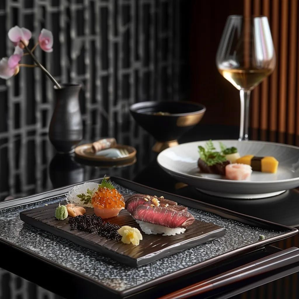 Luxurious omakase dining experience featuring A5 Wagyu and Kaluga caviar in an elegant setting