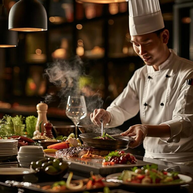 Luxurious chef's table setup showcasing seasonal ingredients and an engaged chef preparing a dish