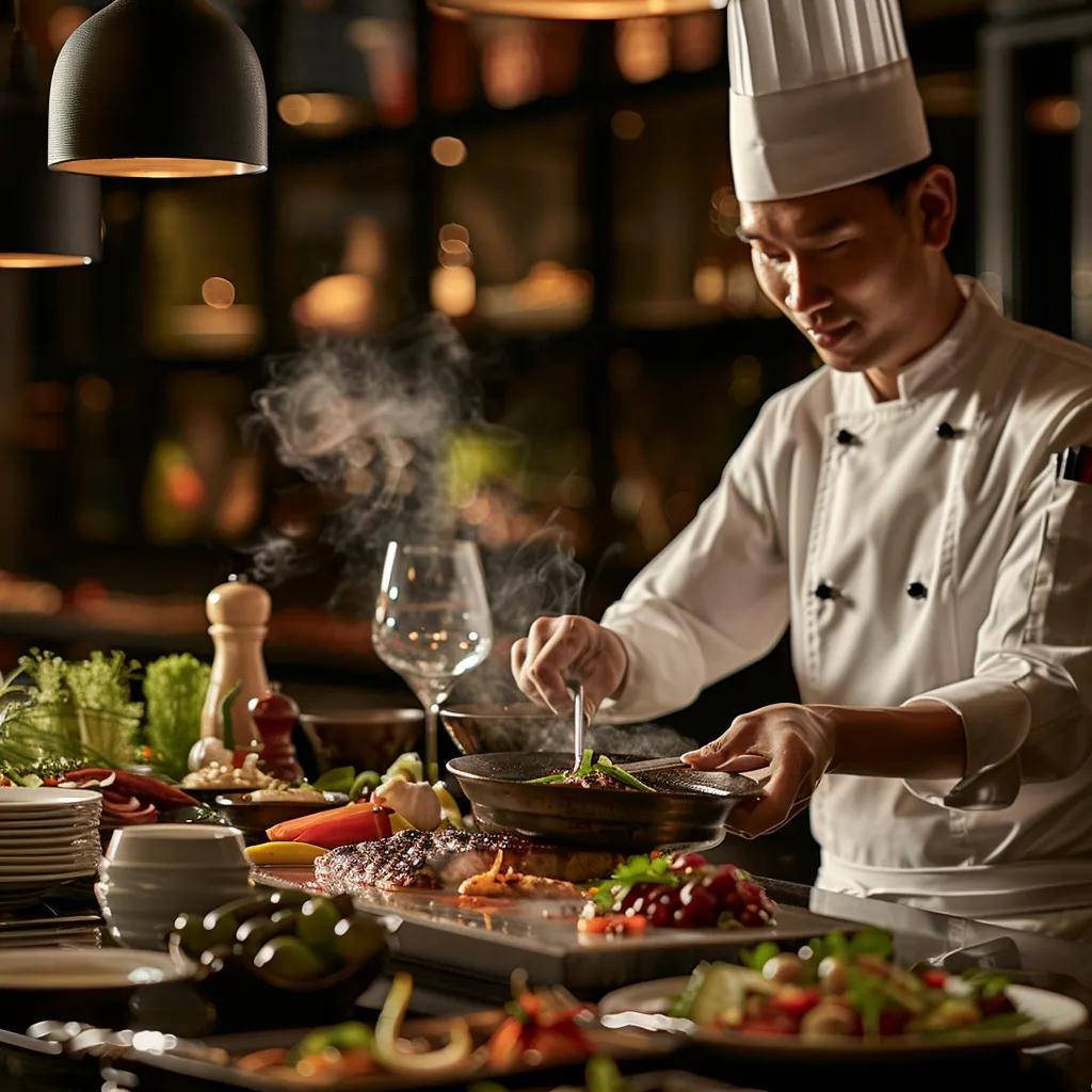 Luxurious chef's table setup showcasing seasonal ingredients and an engaged chef preparing a dish