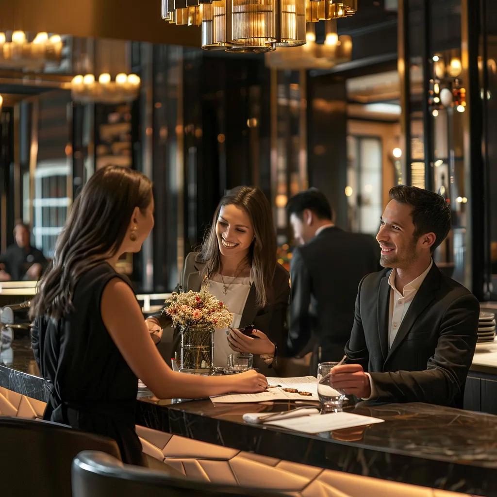 Guests speaking with a host while making a reservation at a fine dining restaurant