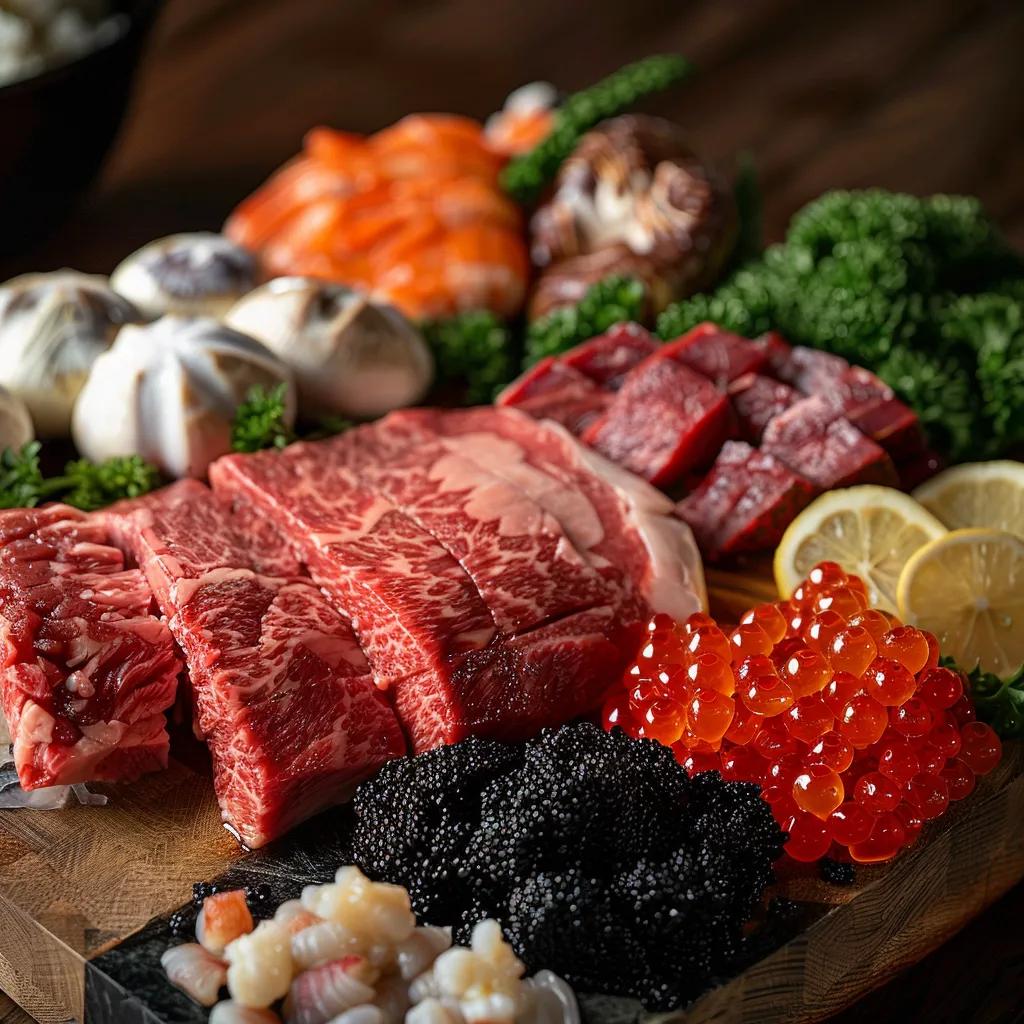 Close-up of A5 Wagyu, caviar, and seasonal seafood displayed on a board