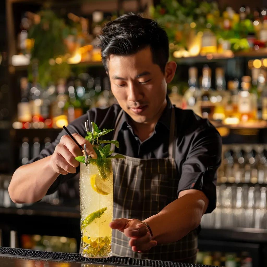 Kaviar mixologist preparing a zero‑proof pour using Japanese citrus and herbs