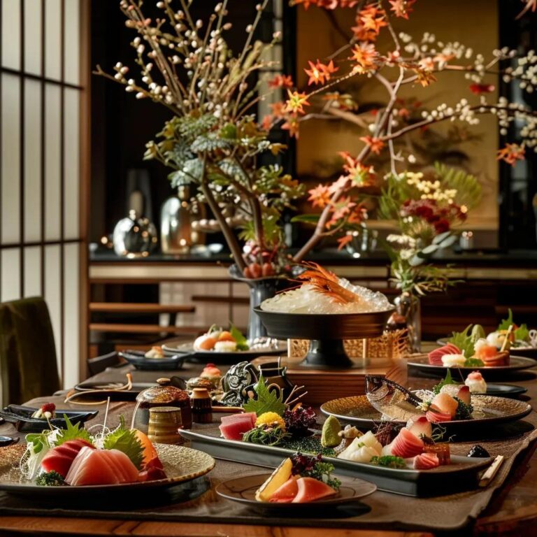 Luxurious omakase dining table showcasing seasonal Japanese ingredients in an elegant setting