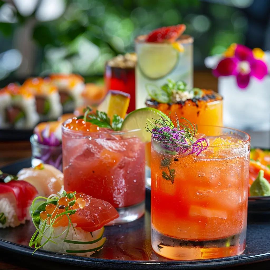Artfully plated sushi accompanied by colorful signature mocktails