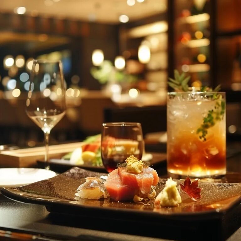 Elegant table setting with non-alcoholic beverage and Japanese fine dining dishes