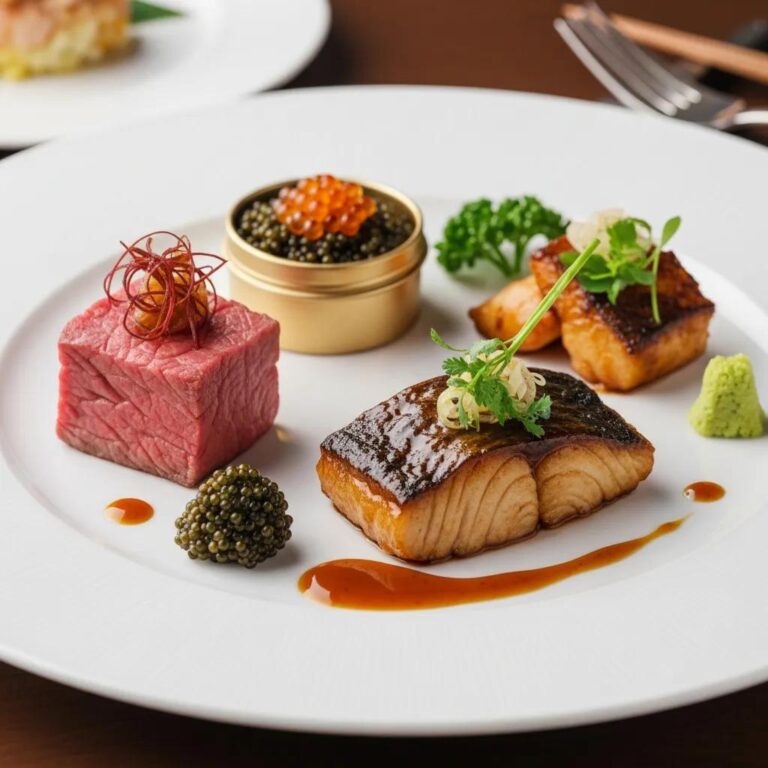 A beautifully arranged plate featuring A5 Wagyu, caviar, and miso-glazed fish, highlighting umami-rich flavors in an elegant dining setting