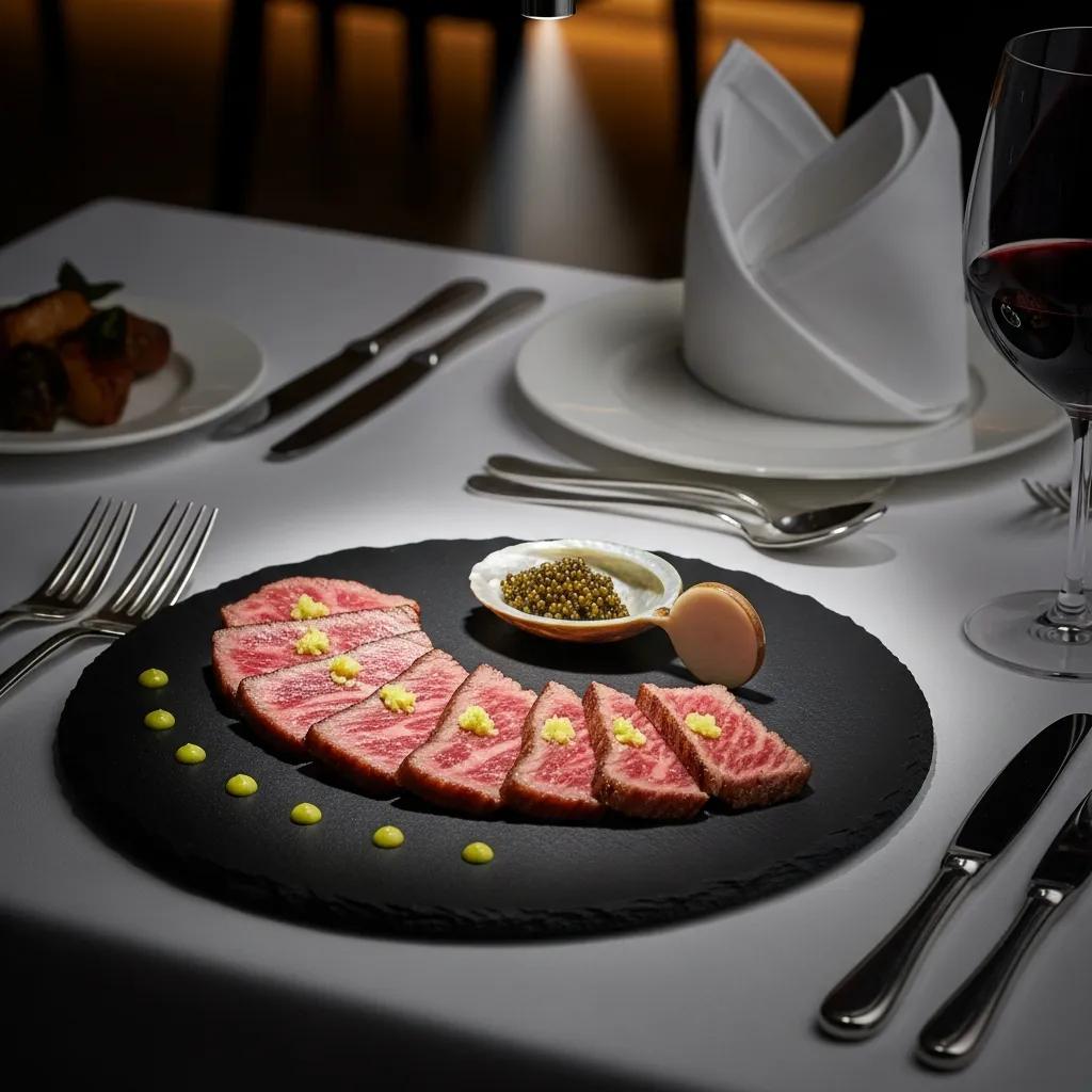 A plated course of seared A5 Wagyu accented with a touch of yuzu kosho and a spoon of caviar, photographed to emphasize texture and restraint.
