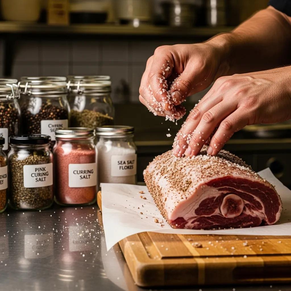 Chef applying a salt rub to meat on a wooden cutting board, with jars of various curing salts and spices in the background, illustrating dry curing techniques in a kitchen setting.
