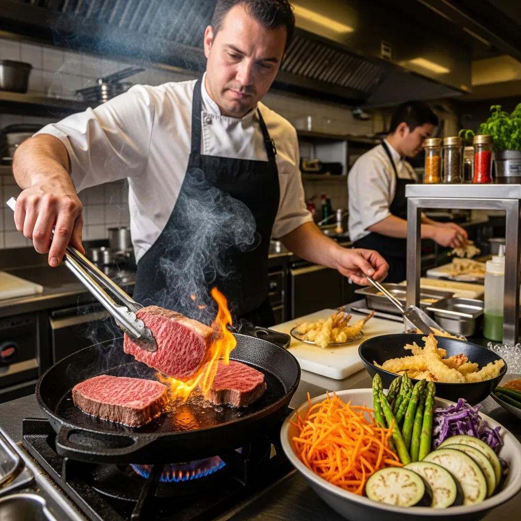 Chef searing A5 Wagyu beef in a modern kitchen, flames and smoke enhancing flavor and texture, with colorful vegetables and tempura in the foreground, illustrating culinary techniques for rich mouthfeel at Kaviar Restaurants.