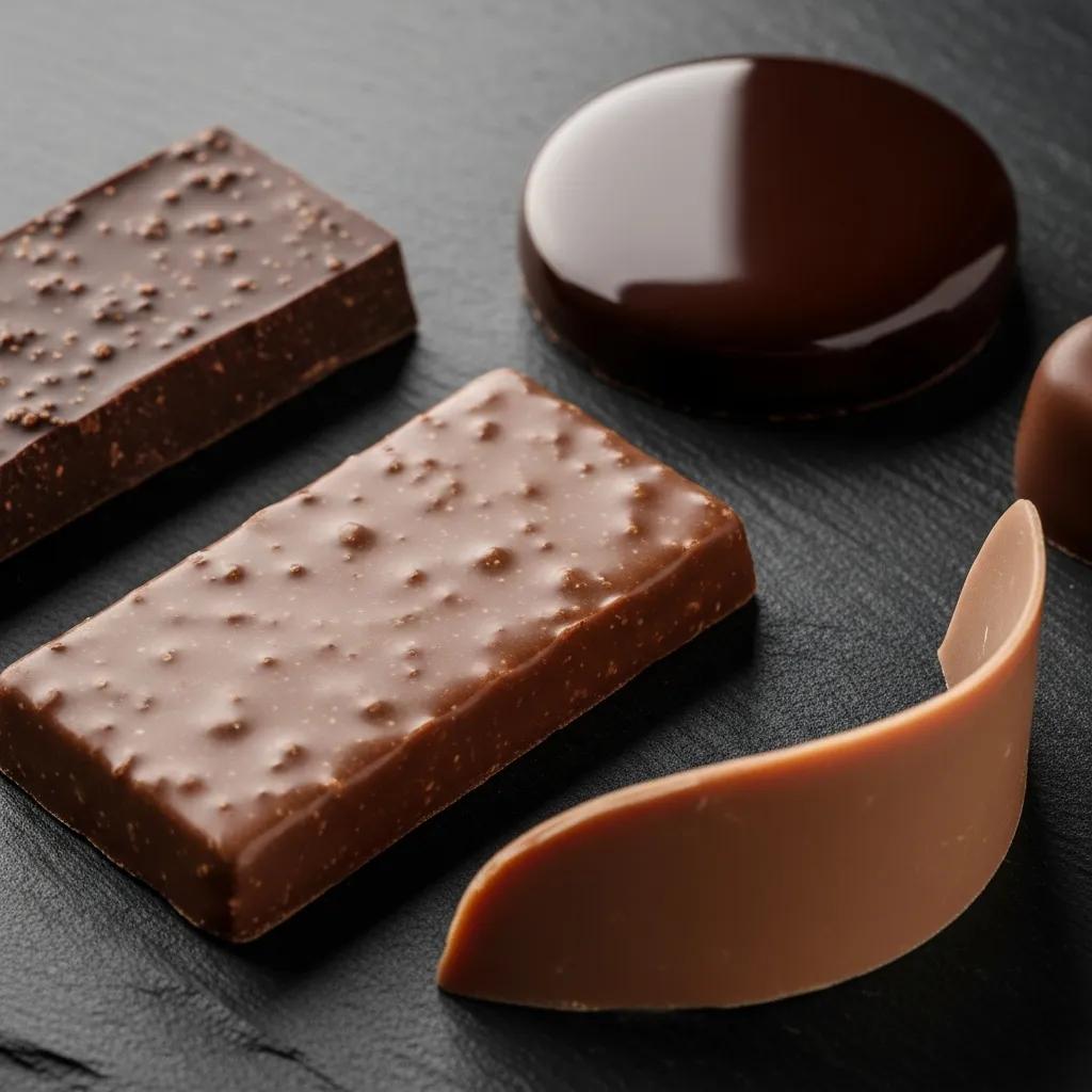 Close-up of premium chocolate types, showing differences in color and texture for careful tasting.