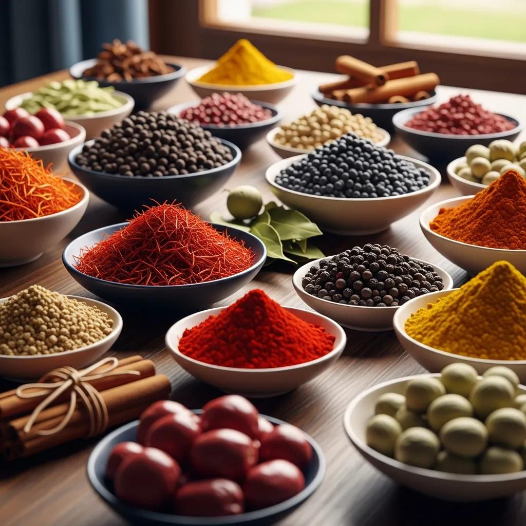 A colorful assortment of global spices including saffron, black pepper, and cinnamon, arranged on a wooden table, representing culinary diversity.