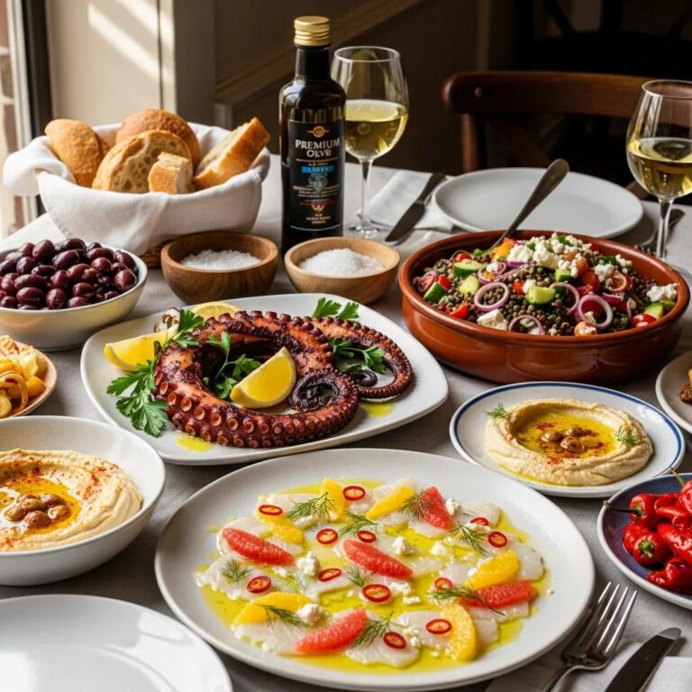 A colorful Mediterranean dining spread showcasing healthy gourmet dishes like grilled octopus and lentil salad
