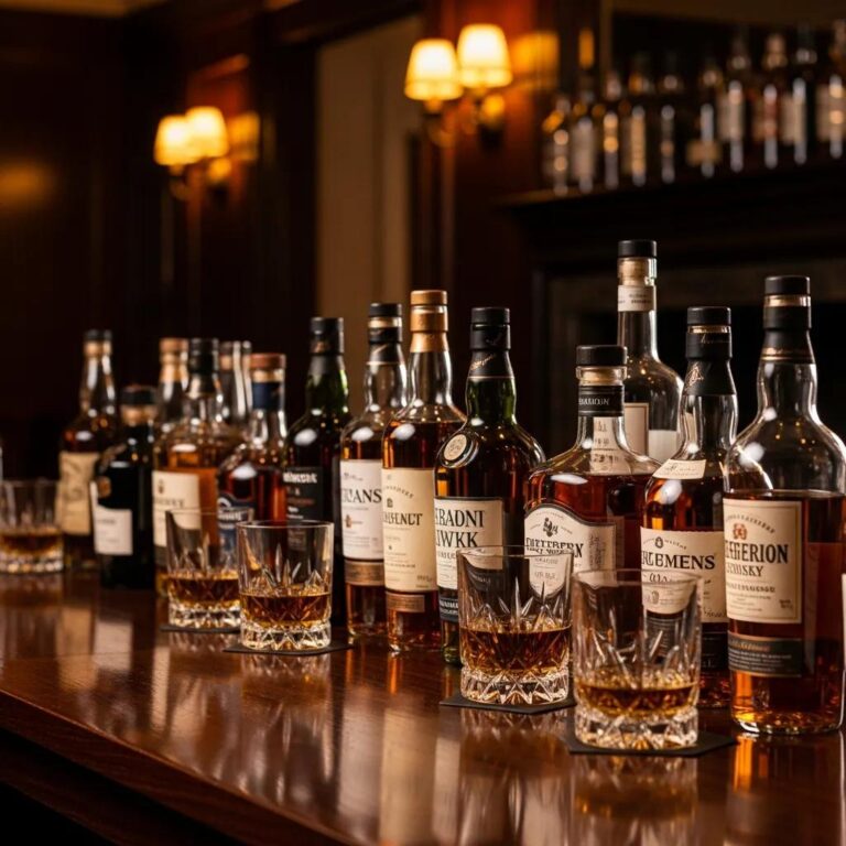 A curated selection of premium whiskeys and spirits displayed on a wooden bar, highlighting luxury dining elements