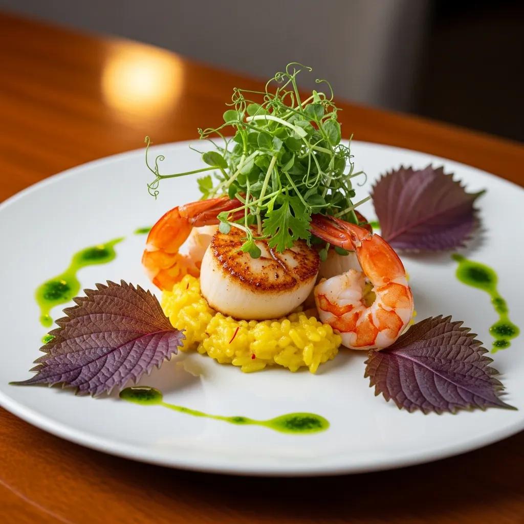 An elegant plate of saffron-scented seafood garnished with shiso and microgreens, reflecting Japanese refinement