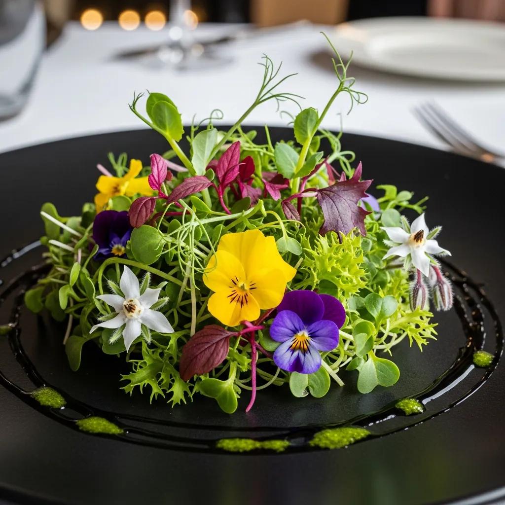 A refined plate decorated with microgreens and edible flowers, showing their role in flavor and presentation