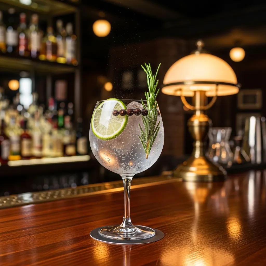 Refreshing gin and tonic cocktail with lime and herbs in a stylish glass, highlighting Kaviar Restaurants' focus on craft cocktails and fine dining experience.