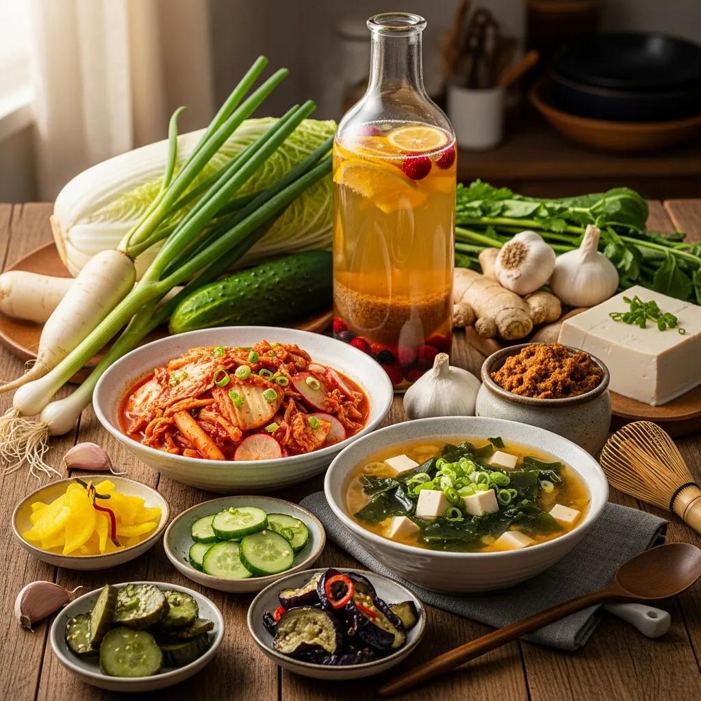 An artful selection of fermented recipes &mdash; kimchi, miso soup, tsukemono and kombucha &mdash; displayed with attention to color and texture