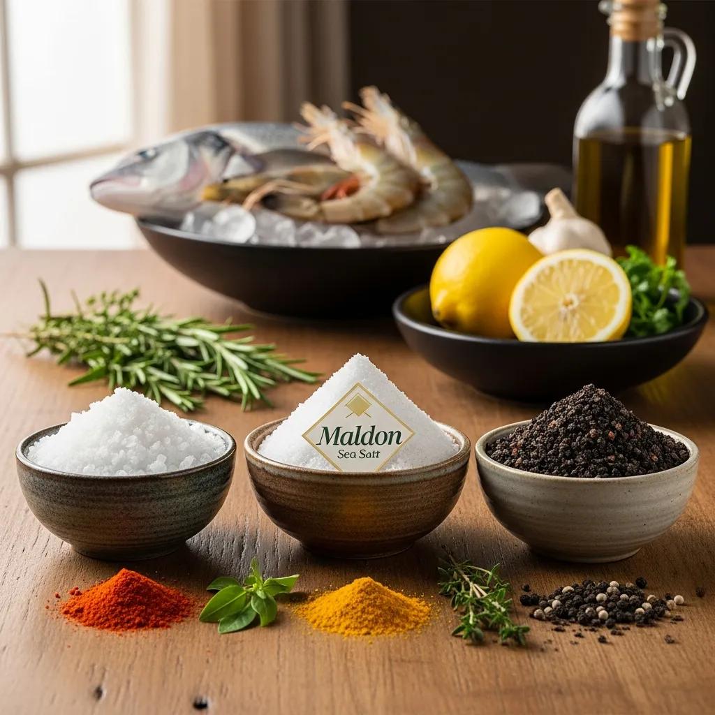 A selection of gourmet salts including fleur de sel and Maldon salt, arranged with fresh seafood, emphasizing fine dining seasoning artistry