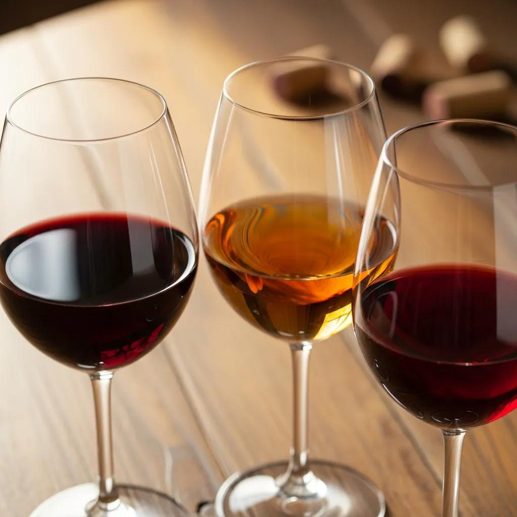 A selection of popular red wine varietals in elegant glasses, highlighting Cabernet Sauvignon, Pinot Noir, and Merlot against a rustic wooden backdrop.