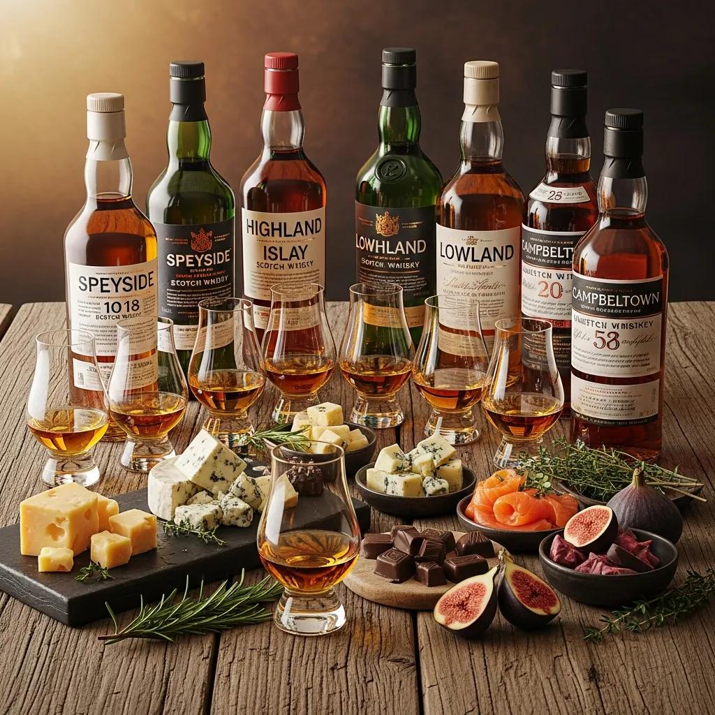 Selection of Scotch whiskies arranged with tasting glasses to show regional diversity and pairing potential