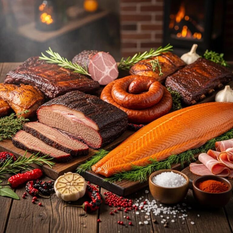 A selection of smoked meats including brisket, salmon, sausages, and cured meats arranged on a wooden table with herbs, spices, and garlic, highlighting traditional smoking and curing techniques.