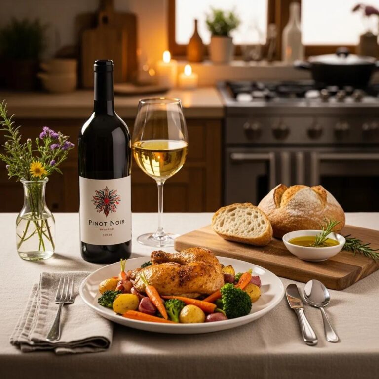 A table set with Pinot Noir, Chardonnay, and roasted chicken, showcasing the best wine pairing for home cooking