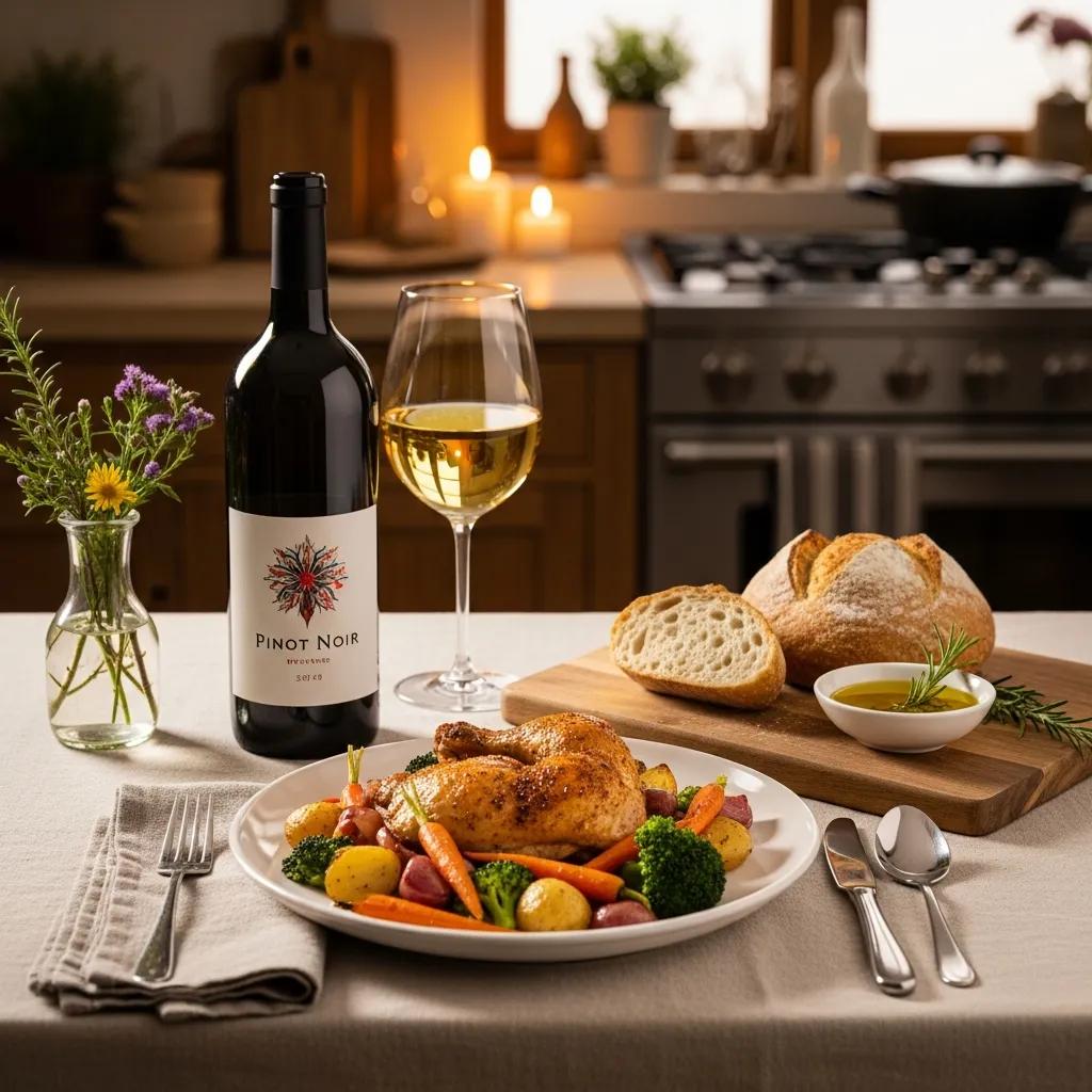 A table set with Pinot Noir, Chardonnay, and roasted chicken, showcasing the best wine pairing for home cooking