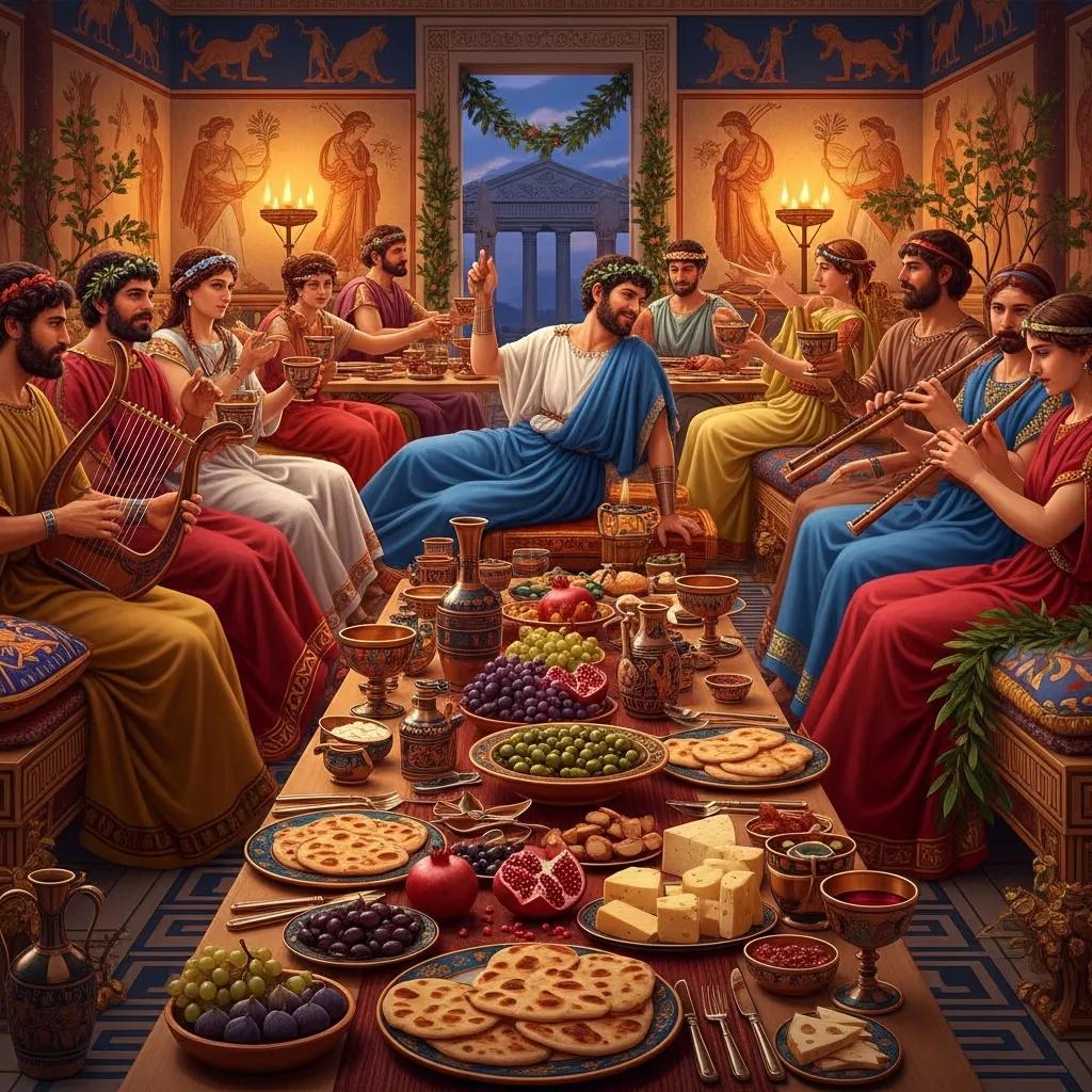 A lively Greek symposium scene, with guests sharing wine and conversation, illustrating wine&rsquo;s cultural role