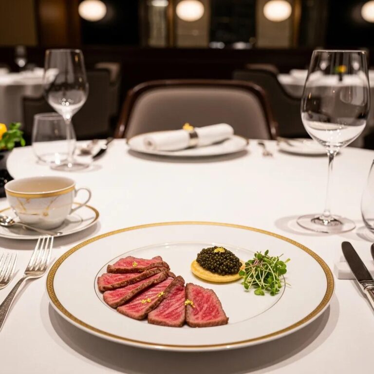 A5 Wagyu beef elegantly sliced and presented with Kaluga caviar, microgreens, and a delicate garnish, set on a fine dining table at Kaviar Restaurants, emphasizing luxury and culinary excellence.