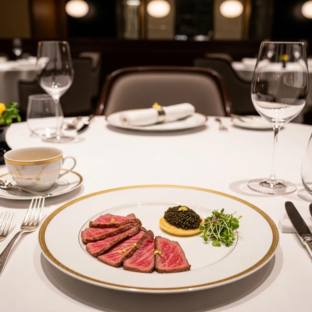 A5 Wagyu and caviar elegantly presented on a fine dining table, emphasizing luxury and culinary excellence