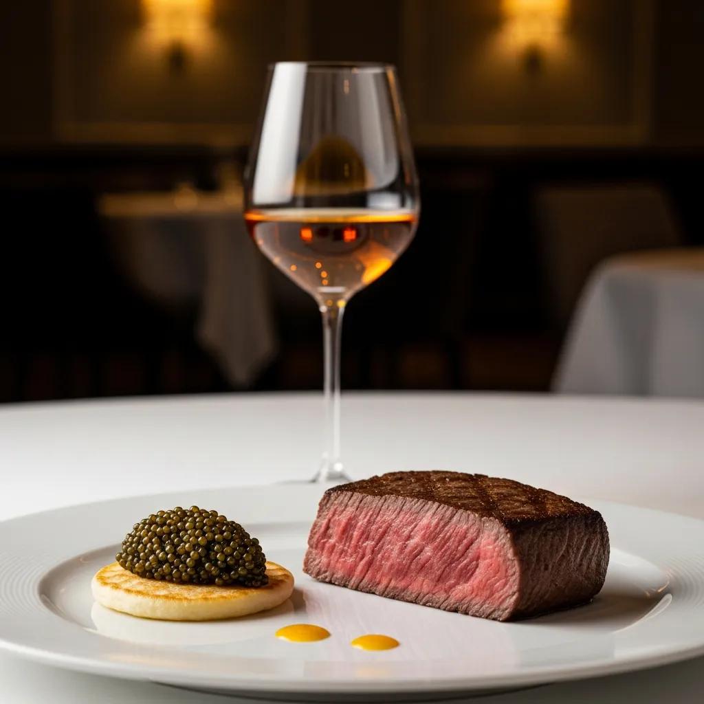 A5 Wagyu and caviar arranged with a glass of dessert wine &mdash; luxury flavors reshaping the palate