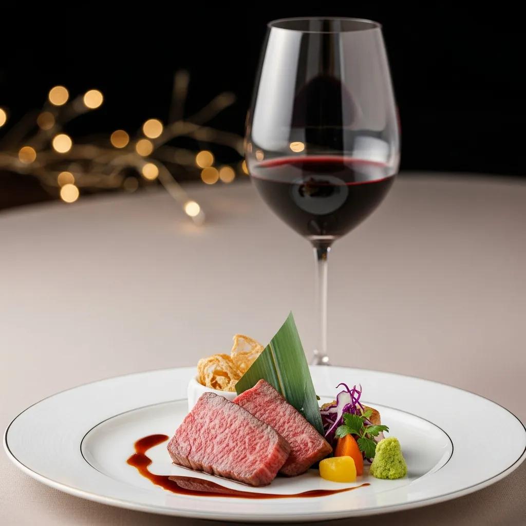 A5 Wagyu beef served with red wine, garnished with colorful vegetables and sauces, highlighting fine dining and wine pairing at Kaviar Restaurants.