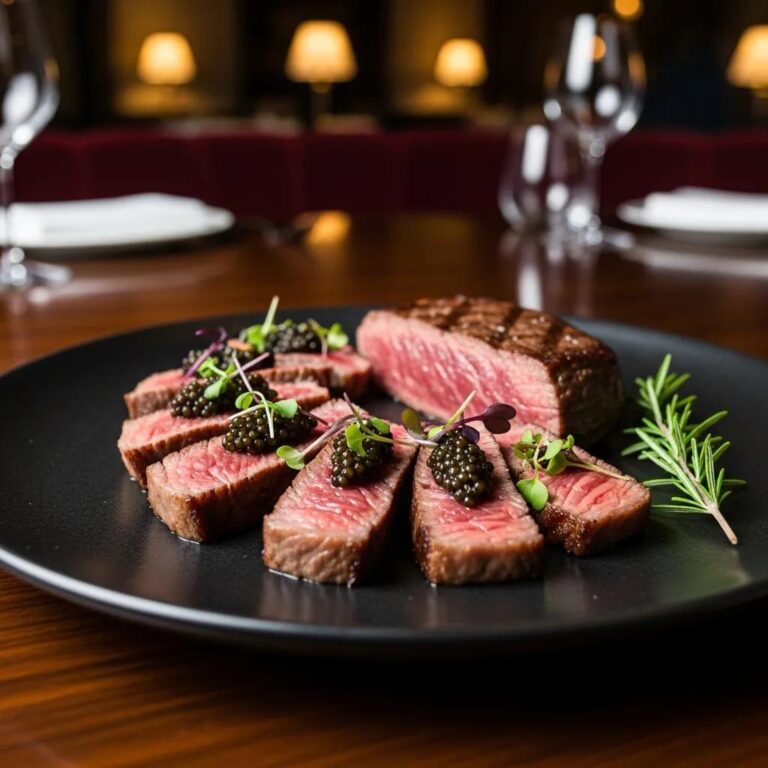 A5 Wagyu beef with caviar on a dark plate in a luxurious restaurant setting