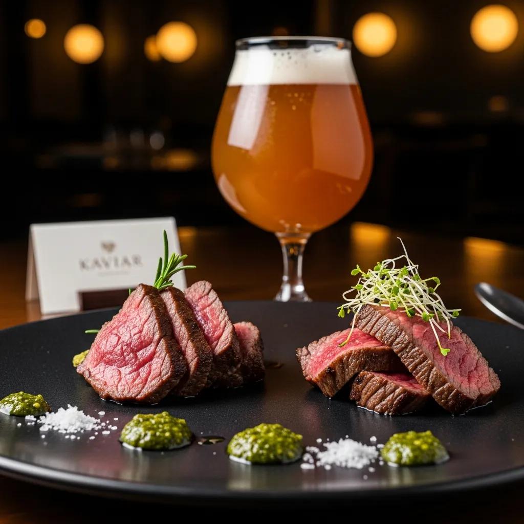 Seared A5 Wagyu plated alongside a craft beer pairing in a luxury dining setting
