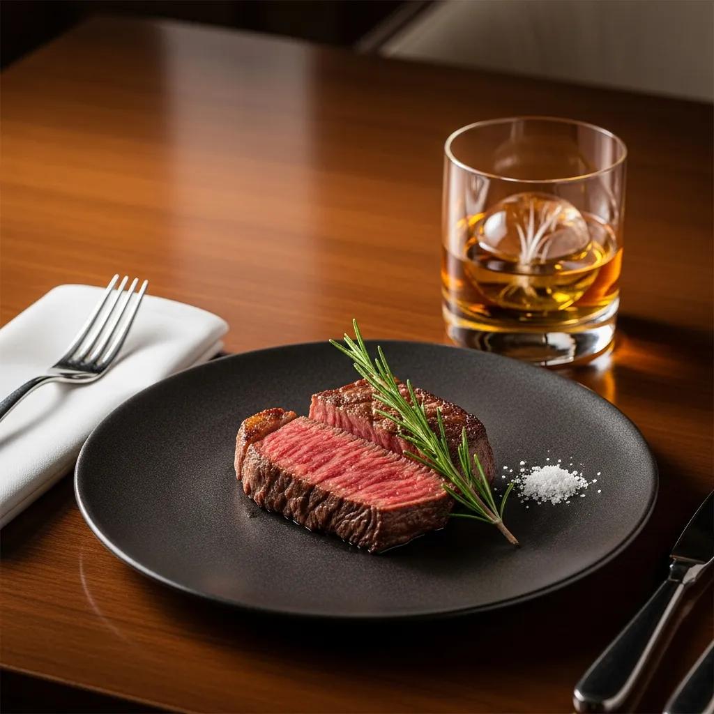 A5 Wagyu steak garnished with rosemary and sea salt, served alongside a glass of Japanese whisky in an elegant dining setting.