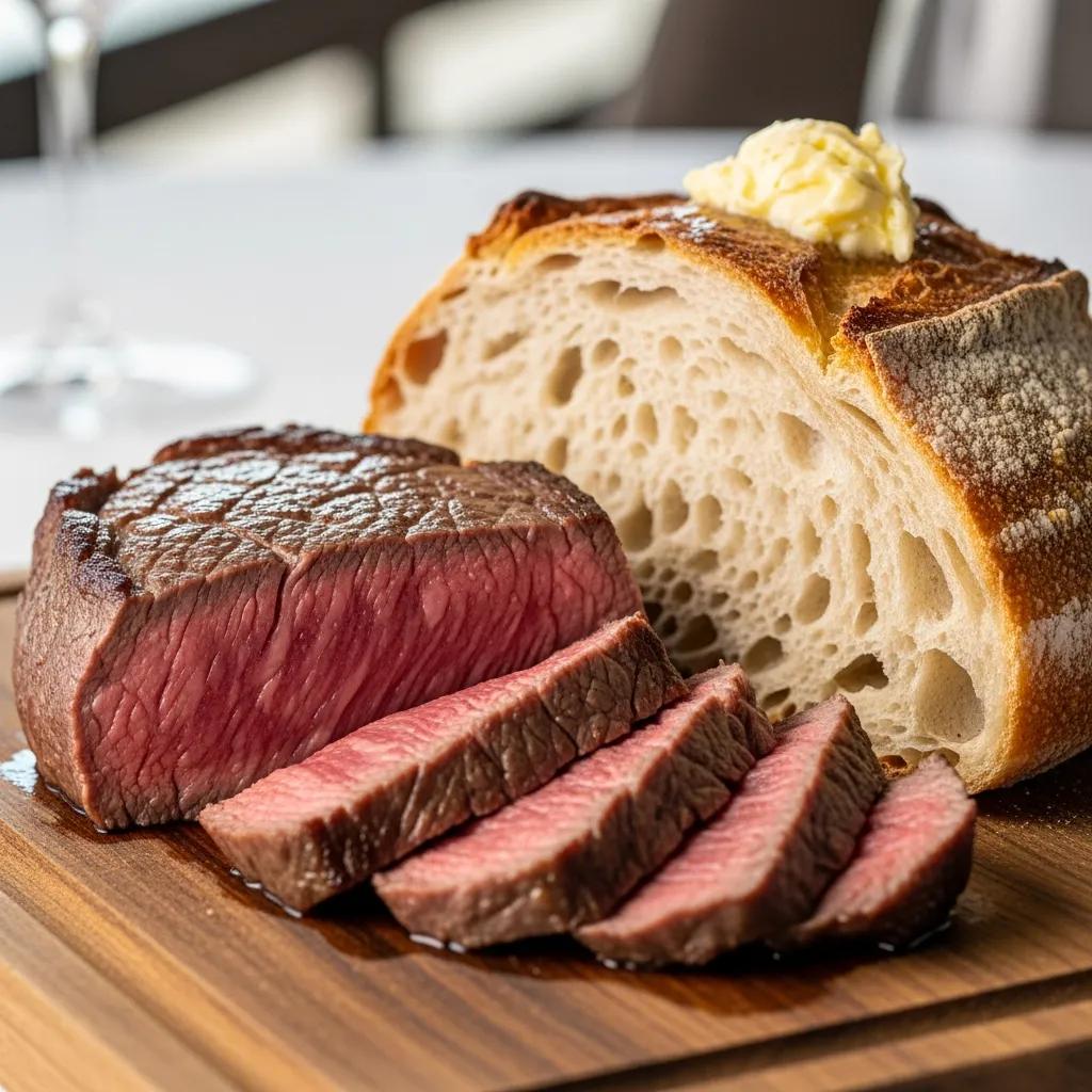 A5 Wagyu paired with artisan bread, highlighting contrast in texture and richness
