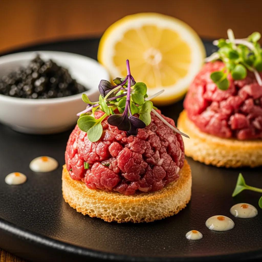A5 Wagyu tartare on toasted bread with microgreens, accompanied by caviar and lemon slice, showcasing luxury ingredients for gourmet appetizers.