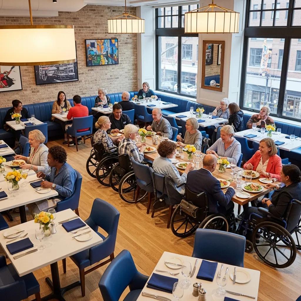Diverse guests enjoying meals in an accessible dining area at Kaviar Restaurant, featuring spacious seating arrangements and wheelchair users at tables, highlighting inclusive dining experience.